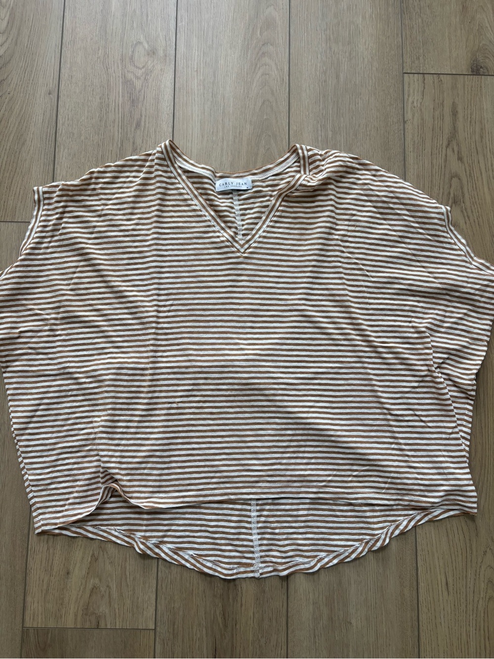Carly Jean Los Angeles Striped V-Neck Short Sleeve Top in Brown and Cream